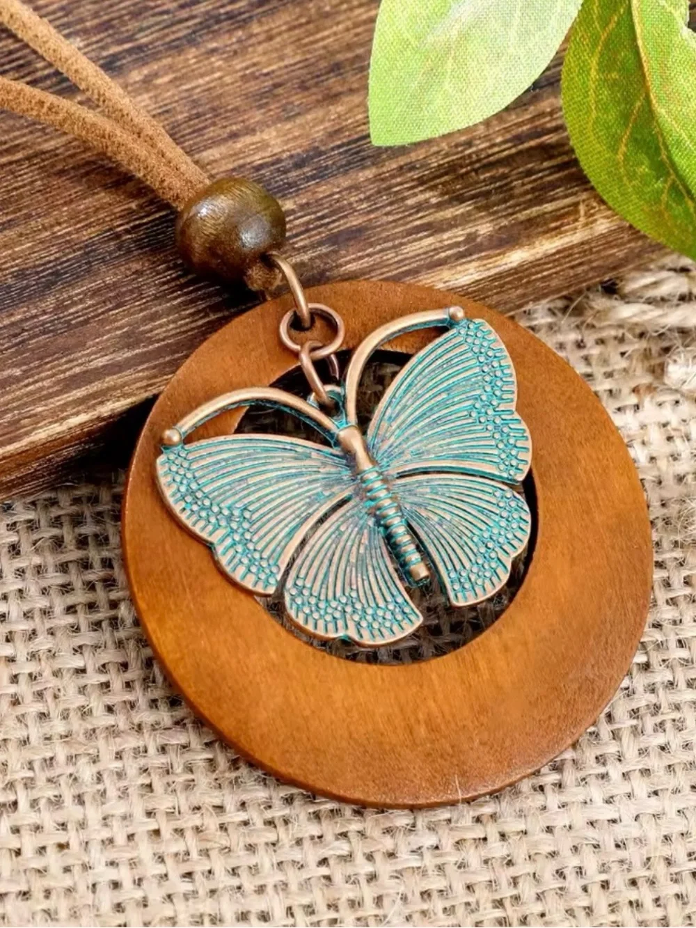 Copper & Teal Butterfly moth leather cord Necklace and Earring Set